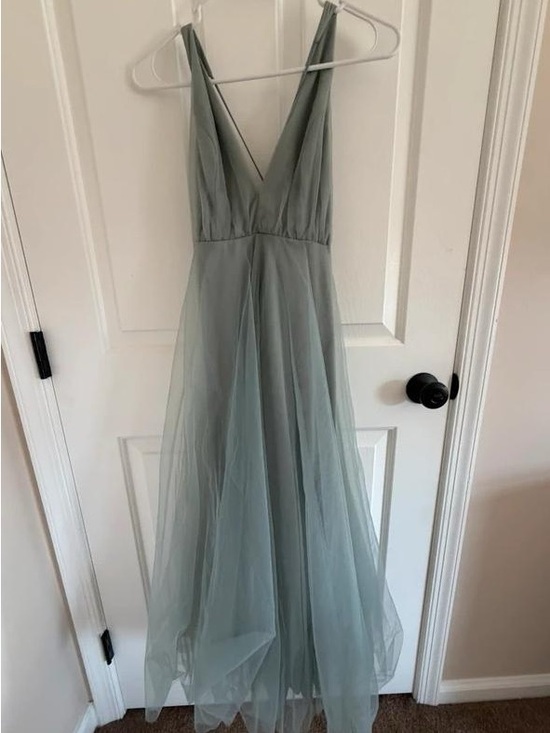 None Dresses & Skirts - Elegant V-Neck Sage Maxi Dress with Tulle Skirt